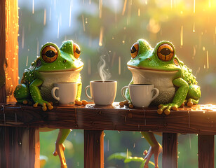Frogs Sipping Coffee in the Rain: Two charming frogs enjoy a warm cup of coffee while it's raining, basking in the serenity of the downpour.