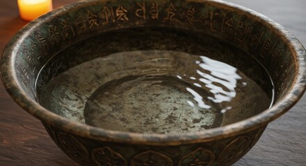 Ancient Bronze Bowl Filled with Water and Candle Light