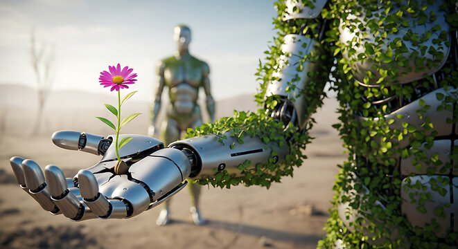 Robot Holding Flower AI, Nature, Future, Technology, Sustainability - Powered by Adobe