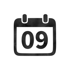 Hand-drawn black silhouette calendar icon with watercolor texture showing the number 09. Perfect for monthly schedules, event planning, and digital calendars.
