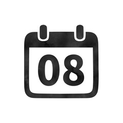 Hand-drawn black silhouette calendar icon with watercolor texture showing the number 08. Perfect for monthly schedules, event planning, and digital calendars.