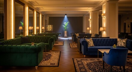 Opulent lounge area with plush velvet seating in emerald green and royal blue hues exudes sophistication and elegance