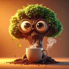 Thoughtful Tree Enjoying Morning Coffee: A whimsical animated tree character, sporting spectacles, sips from a steaming coffee cup, a lighthearted embodiment of a thoughtful break.