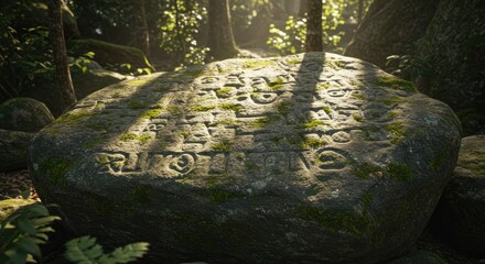 Ancient Carved Stone in Lush Forest Sunlight