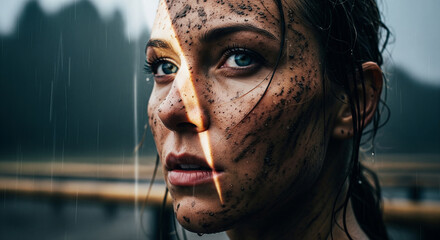 A determined portrait of a woman with a dirty face, enduring a challenging situation, a perfect concept for resilience, strength, and survival