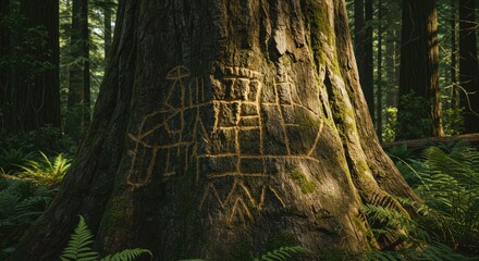 Ancient Carvings on Giant Redwood Tree Trunk in Forest