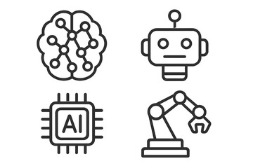 Artificial intelligence AI icon set. Linear style symbols. Neural network brain, machine learning. Robot head, robotics. Automation with robotic arm. Tech cpu processor vector.
