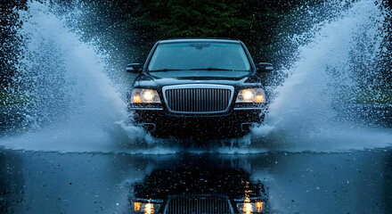 Black Luxury Sedan Driving Fast Through Deep Water Splashing Rain