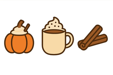 Autumn beverage icon set. Pumpkin spice latte drink, hot chocolate mug and cinnamon sticks. Minimalist cartoon vector illustration for fall season menu design. Warm cozy drinks.