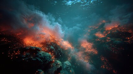 Fototapeta premium Underwater scene near volcanic hot springs with shimmering bubbles