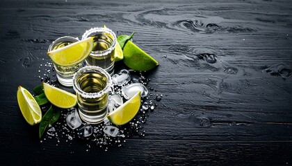 Tequila shots with limes and ice on a dark wooden table (1)
