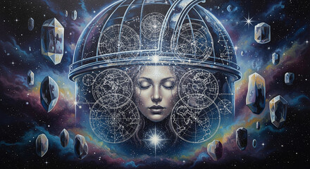 A mystical woman's face at the center of a cosmic astrological sphere, a perfect concept for spirituality, astrology, and universal consciousness