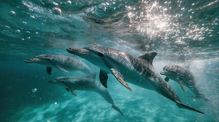Obraz premium Wide-angle underwater capture of playful dolphins swimming gracefully