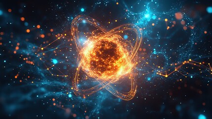 Fototapeta premium Glowing Atomic - Inspired Sphere with Flaming Orbits on Dark Background