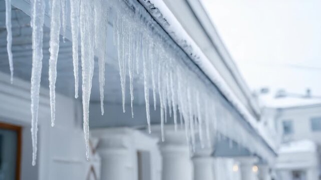 Icicles dangle from the roof of a building, glistening in the cold winter air and reflecting the soft daylight. The snowy environment and frosty atmosphere evoke a sense of seasonal chill and beauty