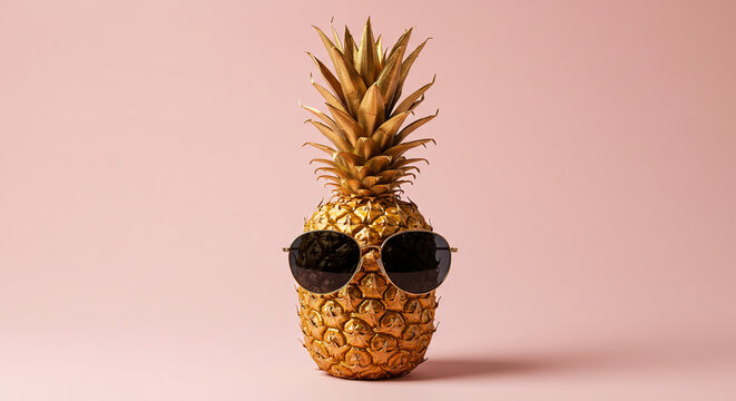 Cool golden pineapple wearing stylish sunglasses exudes tropical luxury and summer vibes