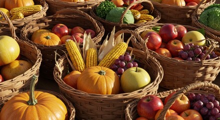 Abundant Harvest Baskets Overflowing with Autumn Fruits and Vegetables