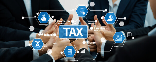 A professional setting showcasing hands engaged in a discussion about tax strategies and financial incentives, integrated with digital icons and concepts, symbolizing collaboration. Amity