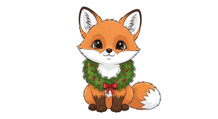Obraz premium Cartoon fox with a christmas wreath around its neck sitting on a white background looking forward