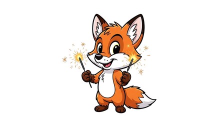 Obraz premium Cartoon fox holding sparklers in a white background with a happy expression on its face and big eyes