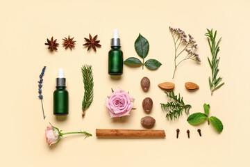 Composition with bottles of essential oil, anise stars and dried flowers on yellow background