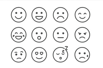 Fototapeta premium Emoji line icon set. Minimalist emoticons with expressions. Happy, sad, love, angry faces. Simple character vector illustration. Smileys for social media and chat.