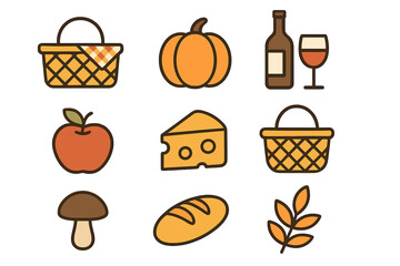 Fall picnic icon set vector illustration. Minimalist cartoon food and nature elements. Autumn essentials like basket, pumpkin, wine, apple, cheese, bread and mushroom.