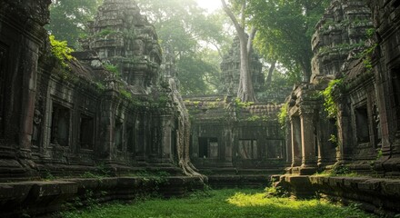 Ancient Angkor Temple Ruins Overgrown with Jungle Vegetation