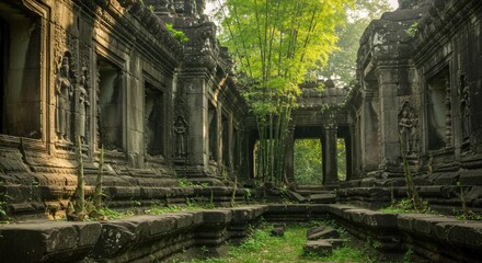 Ancient Angkor Temple Ruins Overgrown with Bamboo