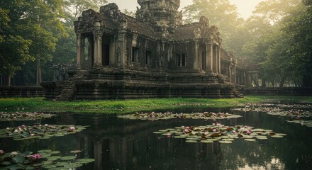 Ancient Angkor Temple Ruins with Lotus Pond at Sunrise