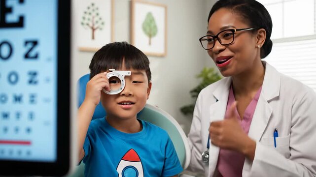 Woman optometrist checking little Asian boy's vision with an eye chart and occluder. Pediatric optical exam and healthcare concept.