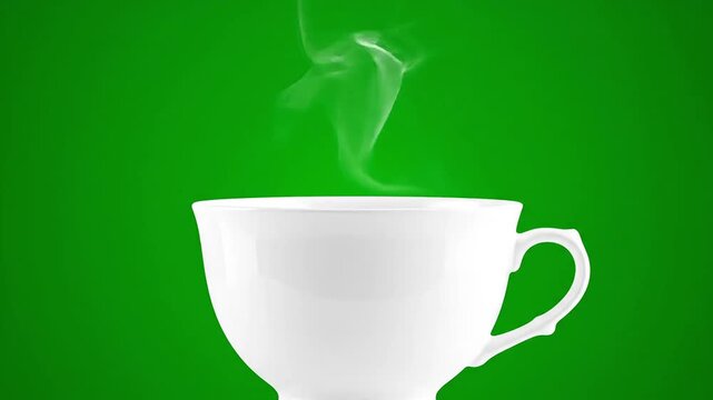 Steaming white teacup against a vibrant green background, evoking warmth and comfort.