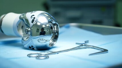 Close up of a total knee replacement surgery medical implant in an operating room ready for orthopaedic surgery. Medical footage. - Powered by Adobe