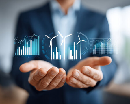 Sustainability energy investment data analytics renewable wind growth trend, optimistic tone within business context