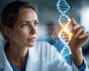 Genetic research female scientist DNA helix laboratory biotechnology innovation analysis focus