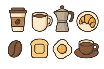 Modern coffee icons set with breakfast essentials. Minimalist vector cartoon illustration of food and drink like coffee cup, moka pot, croissant, toast and fried egg for cafe menu.