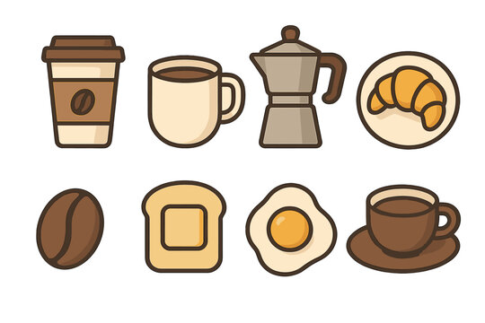 Modern coffee icons set with breakfast essentials. Minimalist vector cartoon illustration of food and drink like coffee cup, moka pot, croissant, toast and fried egg for cafe menu.