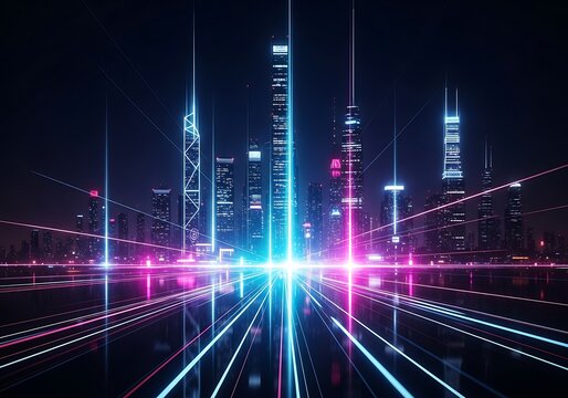 Cyberpunk city skyline with neon streams, futuristic urban landscape