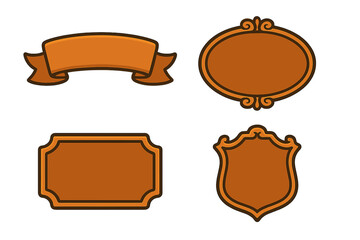 Set of vintage banner and label shapes. Vector cartoon illustration of decorative frames, ribbon, and shield. Retro emblem and badge templates for design projects.