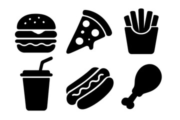 Fast food icons set. Black silhouette vector symbols. Burger, pizza slice, french fries, soda drink, hot dog, chicken leg. Junk food menu graphic elements for design.