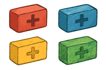 Obraz premium Set of plus symbol icons. Hand drawn cartoon vector illustration of positive signs. Colorful building blocks with addition concept. Benefits, more, advantage, and growth metaphor.