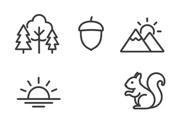 Nature line icon set. Simple linear symbols of forest, trees, acorn, mountains, sunrise, squirrel. Vector collection for web. Outdoor adventure, camping, hiking concept.
