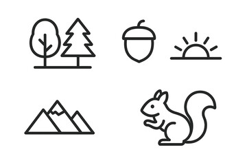 Nature line icon set with forest trees, squirrel, mountain, acorn, and sunrise. Simple minimalist outline symbols. Outdoor park and wildlife vector pictograms for web design.