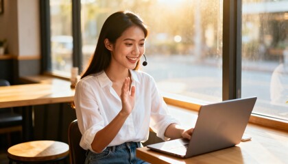 businesswoman working on laptop in cafe
