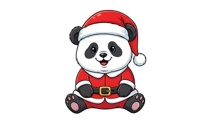 Cartoon panda wearing a santa hat and santa suit sitting on a white background illustration