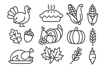 Thanksgiving icon set with turkey, pumpkin pie, cornucopia, corn, and autumn leaves. Simple line art illustration for fall harvest celebration. Vector food and nature symbols.