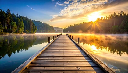 Obraz premium Pier leads to tranquil dawn