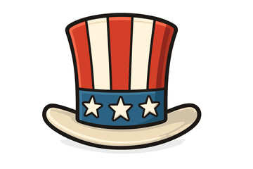 American hat icon with USA flag colors. Patriotic Uncle Sam top hat vector illustration. Symbol for 4th of July, Independence Day. Stars and stripes decoration cartoon.