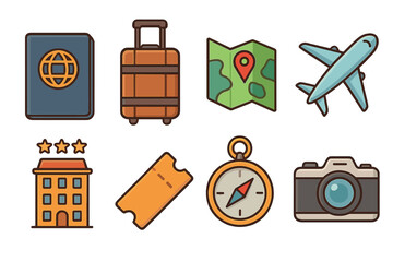 Travel icon set for tourism and vacation. Flat cartoon vector illustration. Passport, luggage, map, airplane, hotel booking, ticket, compass, camera. Adventure journey symbols.