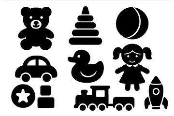 Set of children's toy icons in simple black silhouette style. Vector collection of popular playtime objects like teddy bear, car, doll, duck, train, ball, rocket, and pyramid.